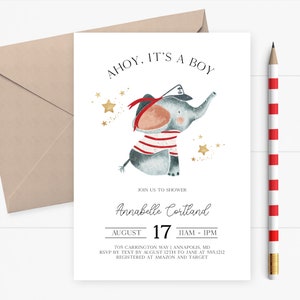 Nautical Baby Shower Invitation, Elephant Baby Shower Invitation, Sailing Gender Neutral Baby Shower Invitation