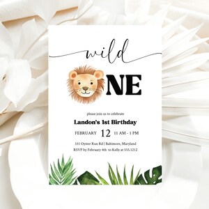 Wild One Birthday Invitation, Lion 1st Birthday Invite, Wild One Invitation Printable, 1st Birthday Boy, Boy Birthday Invitation Jungle