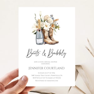 Invito per addio al nubilato con tema Boots and Bubbly, invito stampabile per addio al nubilato a tema Western, invito digitale Boots and Bubbly con download immediato