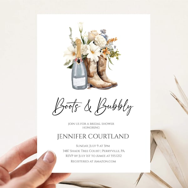 Boots And Bubbly Bridal Shower Invitation, Printable Western Themed Bridal Shower Invite, Boots and Bubbly Digital Invite Instant Download