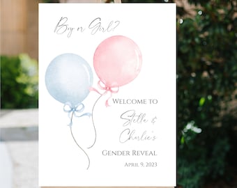 Pink or Blue Balloon Gender Reveal Sign, Editable Minimalist Gender Reveal Welcome Sign Template, Girl or Boy Gender Reveal Sign, f33
