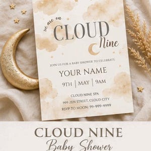 Cloud Nine Baby Shower Invitation | Neutral Moon Clouds (Editable Canva Template)