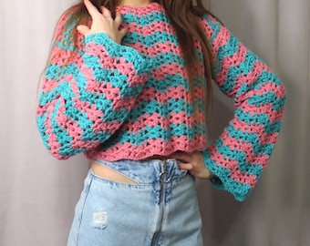 Patrón de jersey ondulado de crochet, top con mangas de crochet