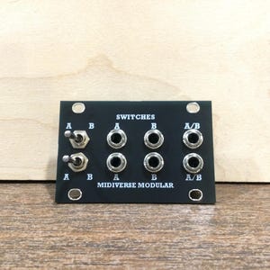 May include: A black rectangular modular synthesizer panel labeled MIDIVERSE MODULAR and SWITCHES. It features two metal toggle switches on the left and six circular input jacks on the right, with white text markings for A, B, and A/B positions.
