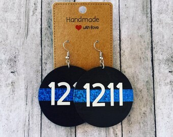 Police Earrings, Thin Blue Line Earrings, Back the Blue Earrings, Badge Number, Badge Number Earrings, Badge Number gifts, Blue Family