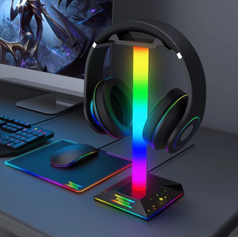 New RGB Gaming Headphone Stand Dual USB Port Touch Control Strip Light Desk Gaming Headset