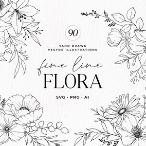 Floral Line Art, Botanical Line Art SVG, Clipart, Wedding Flowers, Hand Drawn Vector Flowers and Plants, Commercial Use image 1