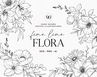 Floral Line Art, Botanical Line Art SVG, Clipart, Wedding Flowers, Hand Drawn Vector Flowers and Plants, Commercial Use