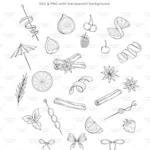 May include: A set of 25 black and white line drawings of cocktail garnishes, including fruit, herbs, spices, and ribbons. The image includes text that says "25 Garnishes" and "SVG & PNG with transparent background".