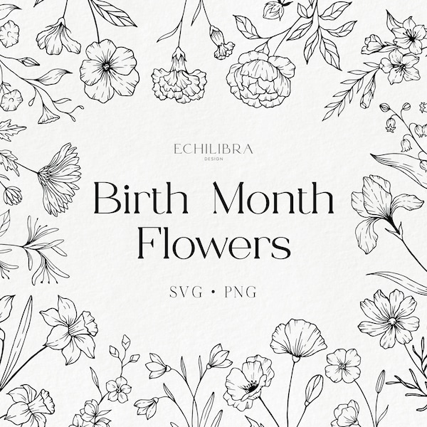 Fleurs du mois de naissance, Illustrations vectorielles dessinées à la main, Clipart, SVG, art botanique, usage commercial