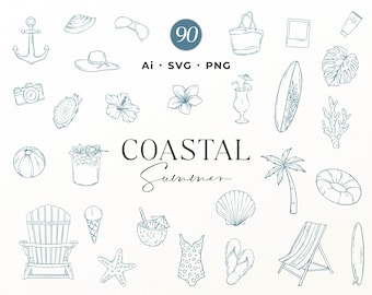 May include: A collection of 90 blue line art illustrations featuring coastal and summer themes including an anchor, sunglasses, beach bag, camera, tropical flowers, surfboard, palm tree, seashell, starfish, swimsuit, and flip-flops with text.
