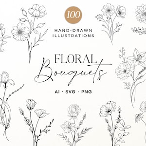 Puede incluir: Una colección de 100 ilustraciones de ramos florales dibujadas a mano en blanco y negro. El texto dice 100 HAND-DRAWN ILLUSTRATIONS FLORAL Bouquets Ai SVG PNG. Estos dibujos de líneas muestran varios arreglos botánicos con tallos y hojas.