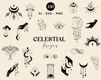 Celestial Designs SVG Bindle, Magic Clipart, Witchcraft PNG, Mystic Designs, Moon and Stars, Boho Designs, Sun Rays, Crystals
