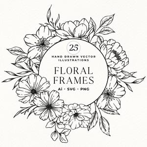 Floral Frames SVG, botanische bloemen, png-clipart, bruiloft bloemen, handgetekende vector bloemenlijst, bloemenkrans