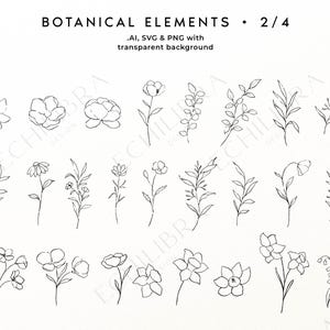 Puede incluir: Una colecci&oacute;n digital de ilustraciones de arte lineal en blanco y negro titulada BOTANICAL ELEMENTS 2/4. El conjunto presenta varias flores, hojas y tallos dibujados a mano en un estilo de contorno simple, en formatos .AI, SVG y PNG.