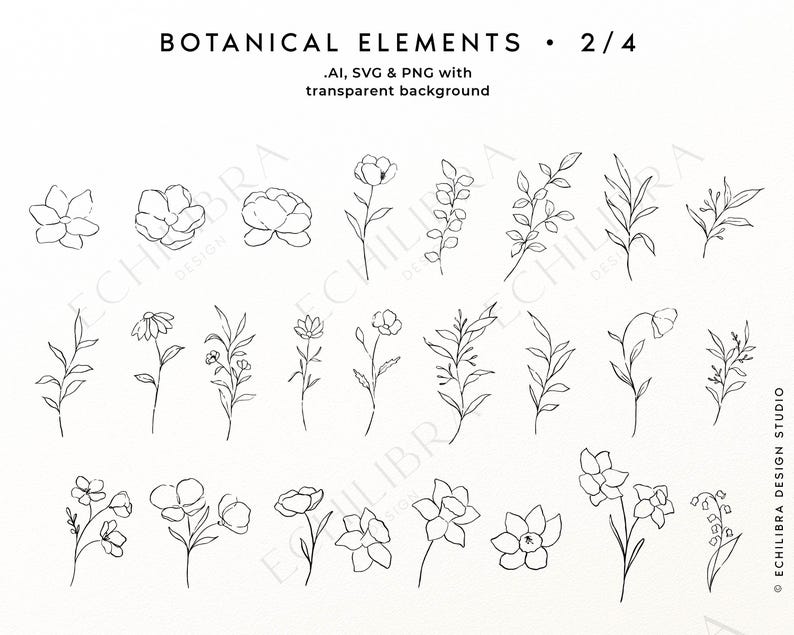 Puede incluir: Una colecci&oacute;n digital de ilustraciones de arte lineal en blanco y negro titulada BOTANICAL ELEMENTS 2/4. El conjunto presenta varias flores, hojas y tallos dibujados a mano en un estilo de contorno simple, en formatos .AI, SVG y PNG.