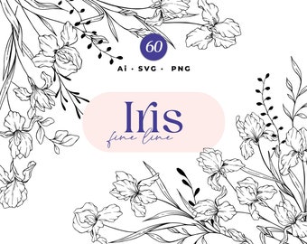 Iris Flower Line Art, Botanical Iris Line Art SVG, Iris Clipart, Wedding Flowers, Hand Drawn Vector Flower Design, Commercial Use