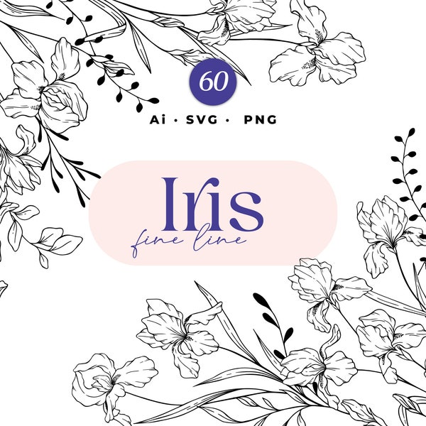 Iris Flower Line Art, Botanical Iris Line Art SVG, Iris Clipart, Wedding Flowers, Hand Drawn Vector Flower Design, Commercial Use