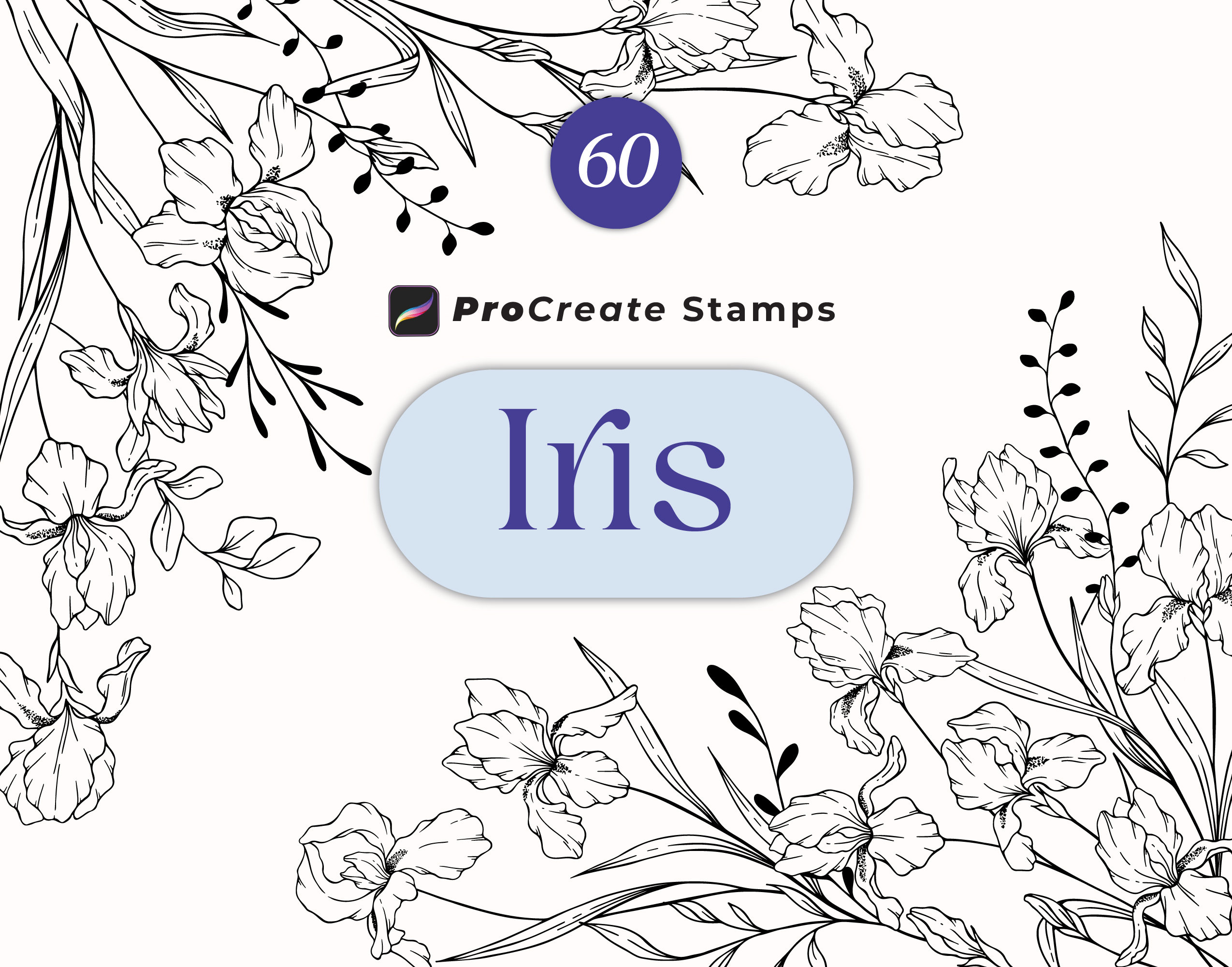 Pinceles de sellos de iris para Procreate – Sellos florales botánicos dibujados a mano y ramos para iPad