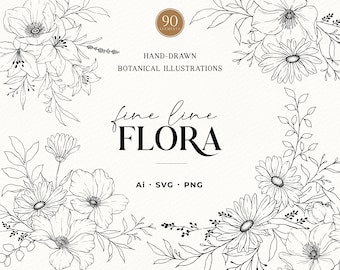 Botanical Line Art SVG, Hand Drawn Floral Vector Clipart (Digital Download)