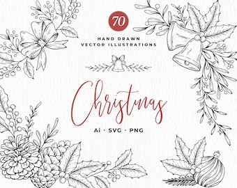 Navidad botánica dibujada a mano, SVG navideño, dibujos navideños vintage, clip art navideño vintage, uso comercial