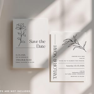 Puede incluir: Dos tarjetas rectangulares blancas de papeler&iacute;a de boda con ilustraciones florales de l&iacute;nea negra y tipograf&iacute;a serif negra. La tarjeta izquierda dice Save the Date, 15. 05. 2026, Taylor & Noah. La derecha incluye nombres, fecha, hora y lugar.