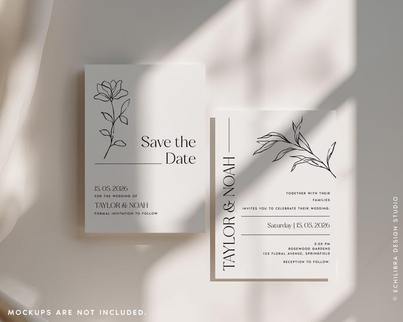 Puede incluir: Dos tarjetas rectangulares blancas de papeler&iacute;a de boda con ilustraciones florales de l&iacute;nea negra y tipograf&iacute;a serif negra. La tarjeta izquierda dice Save the Date, 15. 05. 2026, Taylor & Noah. La derecha incluye nombres, fecha, hora y lugar.