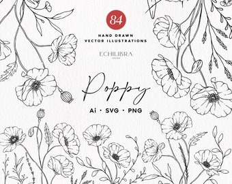 Poppy Line Art Clip art, Botanical Line Art PNG, Poppy Flower Bundle, Hand Drawn Vector Illustrations, Commercial Use