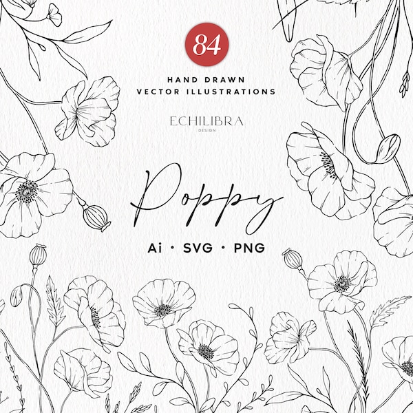 Poppy Line Art Clip art, Botanical Line Art PNG, Poppy Flower Bundle, Hand Drawn Vector Illustrations, Commercial Use