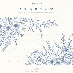 May include: Two blue ink hand-drawn botanical corner designs featuring flowers and leaves on a cream background. The text reads FLORENTIA, 2 CORNER DESIGNS, HAND-DRAWN BOTANICAL ILLUSTRATIONS, and ECHILIBRA DESIGN STUDIO at the bottom.