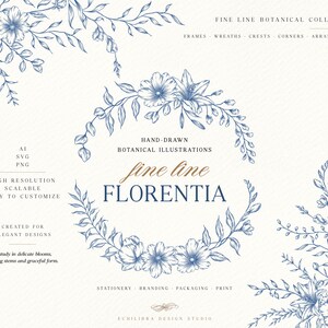 May include: A collection of blue ink botanical illustrations featuring a central floral wreath, corner arrangements, and text including "FINE LINE BOTANICAL COLLECTION", "FLORENTIA", "HAND-DRAWN BOTANICAL ILLUSTRATIONS", and "ECHILIBRA DESIGN STUDIO".