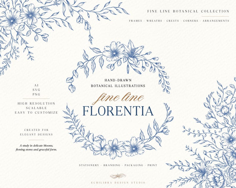 May include: A collection of blue ink botanical illustrations featuring a central floral wreath, corner arrangements, and text including "FINE LINE BOTANICAL COLLECTION", "FLORENTIA", "HAND-DRAWN BOTANICAL ILLUSTRATIONS", and "ECHILIBRA DESIGN STUDIO".