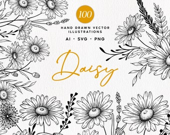 Daisy Floral Line Art bundel, Daisy botanische SVG, clipart, lentebloemen, hand getekende vector madeliefjes, Daisy krans, commercieel gebruik