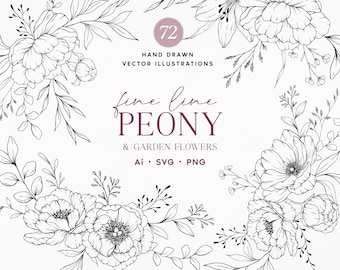 May include: Black and white hand-drawn vector illustrations of peonies and garden flowers. The image includes the text "72 Hand Drawn Vector Illustrations" and "fine line PEONY & GARDEN FLOWERS Ai • SVG • PNG".