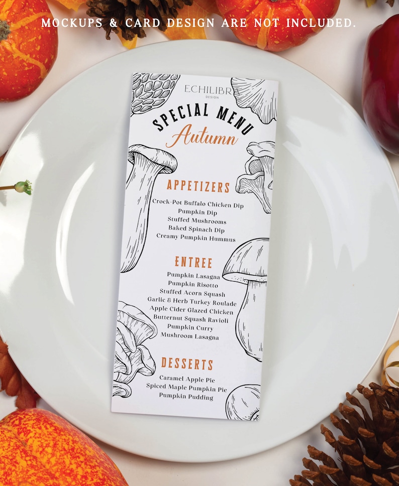 Puede incluir: Una tarjeta de men&uacute; blanca con una ilustraci&oacute;n en blanco y negro de champi&ntilde;ones. El men&uacute; se titula "Men&uacute; Especial Oto&ntilde;o" y enumera aperitivos, platos principales y postres. El men&uacute; incluye platos como lasa&ntilde;a de calabaza, risotto de calabaza y salsa de calabaza.