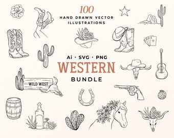 May include: A collection of 100 hand-drawn vector illustrations featuring Western-themed icons including cowboy boots, cacti, a horse, a revolver, a horseshoe, a guitar, and a skull. The text reads 100 HAND DRAWN VECTOR ILLUSTRATIONS Ai SVG PNG WESTERN BUNDLE.