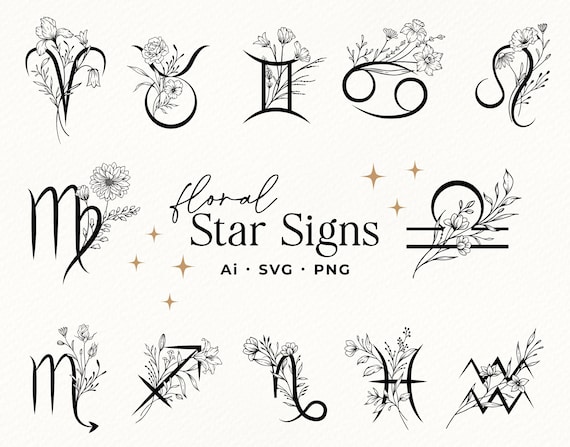 Floral Star Sign SVG, Botanical Zodiac Clipart, Hand Drawn Vector Flowers, Zodiac Birth Month SVG