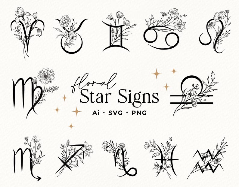 Puede incluir: Ilustraciones en blanco y negro de arte de l&iacute;nea de los 12 signos del zod&iacute;aco con acentos florales. Los signos est&aacute;n dispuestos en dos filas de seis. El texto "floral Star Signs" est&aacute; en el centro de la imagen.