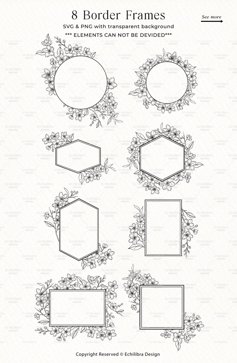 Cherry Blossom Line Art SVG, Floral SVG Bundle, Botanical Hand Drawn Illustration Clipart, Cherry Wreath Designs, Commercial Use image 5