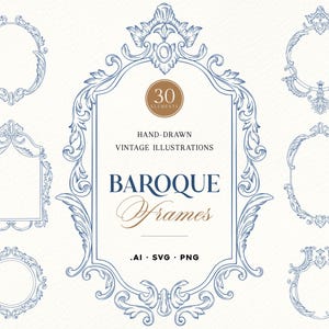 Puede incluir: Una colección de ilustraciones de líneas azules que presenta siete marcos ornamentados con intrincados remolinos y adornos decorativos. El marco central muestra el texto 30 ELEMENTS HAND-DRAWN VINTAGE ILLUSTRATIONS BAROQUE Frames .AI .SVG .PNG.