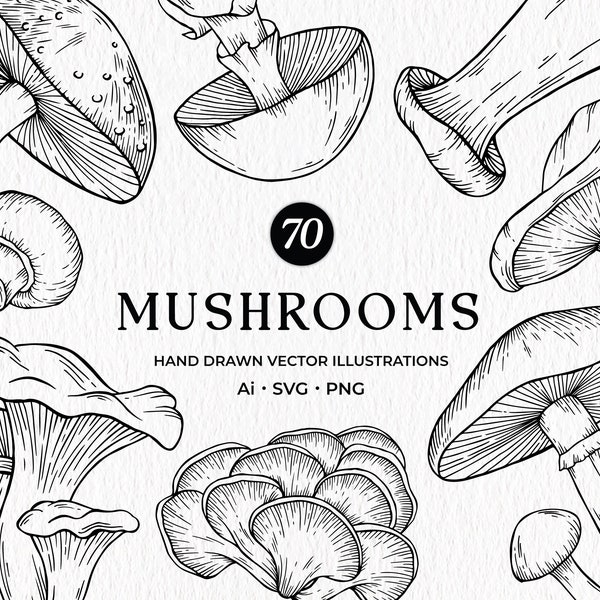 Mushroom Clipart, Mushroom SVG Bundle, Hand Drawn Mushrooms, Fungus Clipart, Botanical Mushrooms, Commercial Use