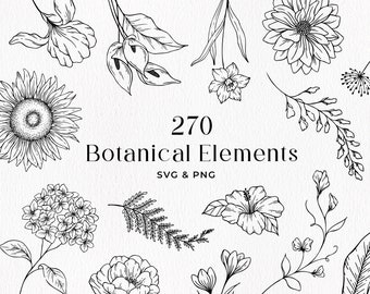 Botanical SVG Bundle, Flowers and Leaves Clipart, Fine Line Florals SVG, Hand Drawn Botanical PNG, Commercial Use