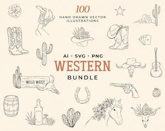 May include: A collection of 100 hand-drawn vector illustrations with a Western theme. The illustrations include cowboy boots, hats, cacti, a guitar, a horseshoe, a revolver, and a horse with floral accents. The text "WESTERN BUNDLE" is displayed.