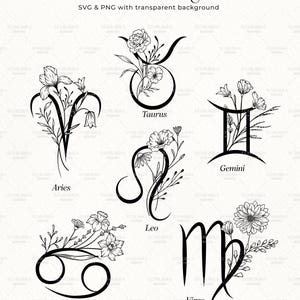 Puede incluir: Ilustraciones en blanco y negro de arte de l&iacute;nea de los 12 signos del zod&iacute;aco con acentos florales. Los signos son Aries, Tauro, G&eacute;minis, C&aacute;ncer, Leo, Virgo.