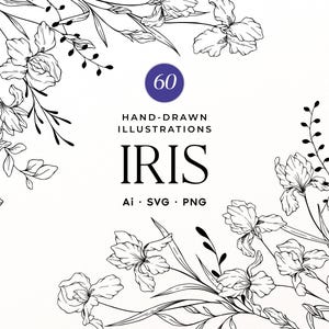 Könnte beinhalten: Eine Sammlung von 60 handgezeichneten Iris-Illustrationen mit floralen Motiven in schwarzer Linienführung auf weißem Grund. Der Text lautet 60 HAND-DRAWN ILLUSTRATIONS IRIS Ai SVG PNG, angeordnet in einem klaren Layout für grafische Zwecke.
