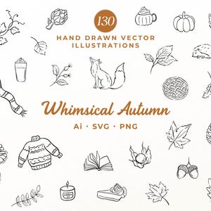 May include: A collection of 130 hand-drawn vector illustrations titled Whimsical Autumn, featuring black line art of foxes, pumpkins, acorns, pinecones, leaves, a jumper, a scarf, a book, a candle, and food items, available in Ai, SVG, and PNG formats.