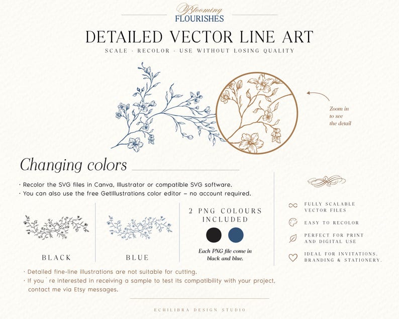 May include: A digital graphic set titled Blooming Flourishes featuring detailed vector line art of floral branches. The image displays blue and brown line illustrations, color options in black and blue, and text detailing SVG and PNG file formats.