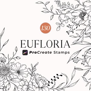 May include: Black and white line art floral illustrations for Procreate Stamps. The image features 130 different floral designs, including flowers, leaves, and stems.