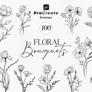 Floral Procreate Stamps, Procreate Brush Bundle, Botanical Flowers, Floral Line Art, Wildflower Bouquet, Monogram Flowers, Commercial Use
