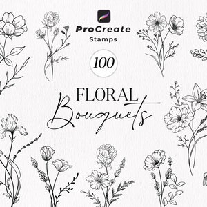 Tampons floraux procréer, lot de pinceaux procréer, fleurs botaniques, dessin au trait floral, bouquet de fleurs sauvages, fleurs monogrammes, usage commercial